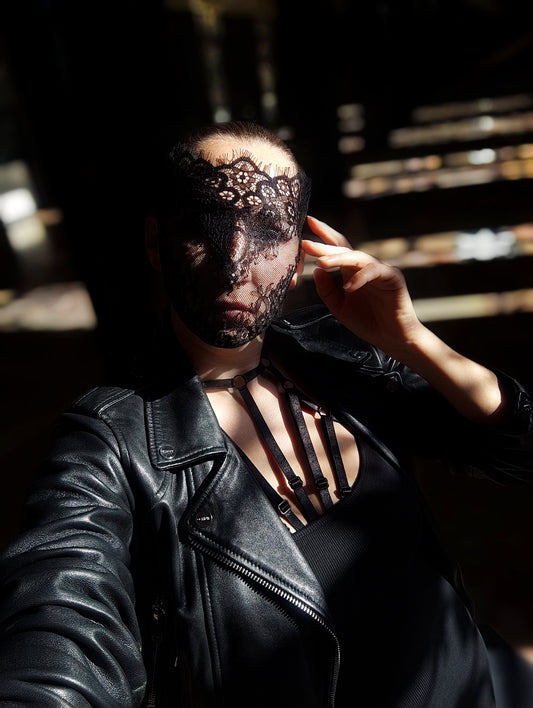 Woman lace mask for pole dance.Rave mask for party, festival and cosplay.Gothic harness mask for women.Guipure mask for carnival.