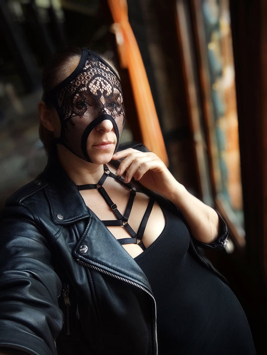 Woman lace mask for pole dance.Rave mask for party, festival and cosplay.Gothic harness mask for women.Guipure mask for carnival.