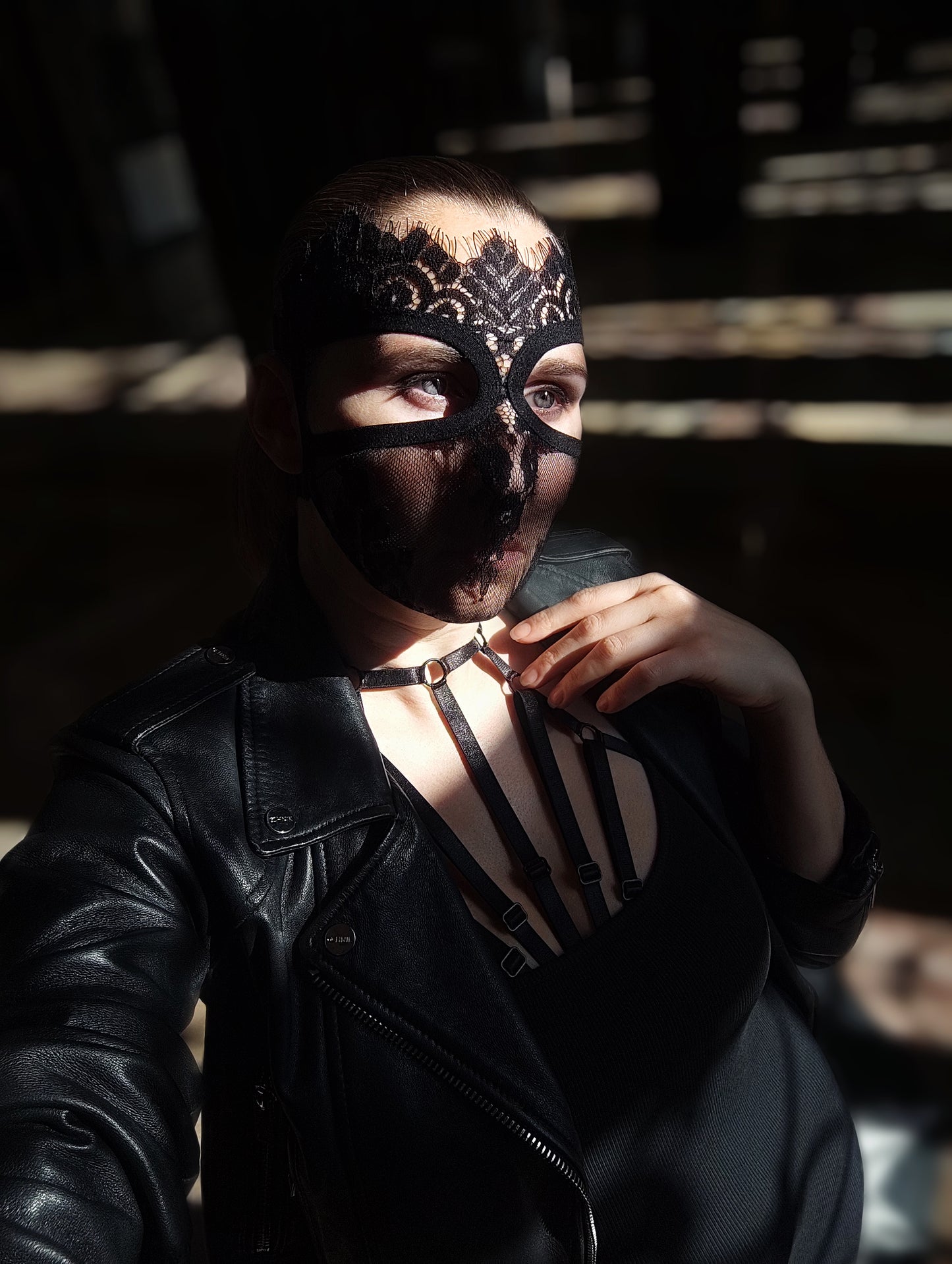 Woman lace mask for pole dance.Rave mask for party, festival and cosplay.Gothic harness mask for women.Guipure mask for carnival.