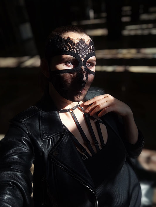 Woman lace mask for pole dance.Rave mask for party, festival and cosplay.Gothic harness mask for women.Guipure mask for carnival.