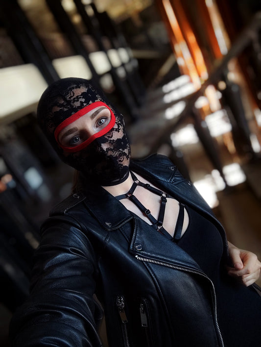 Woman lace mask for pole dance.Rave mask for party, festival and cosplay.Gothic harness mask for women.Guipure mask for carnival.Balaclava.