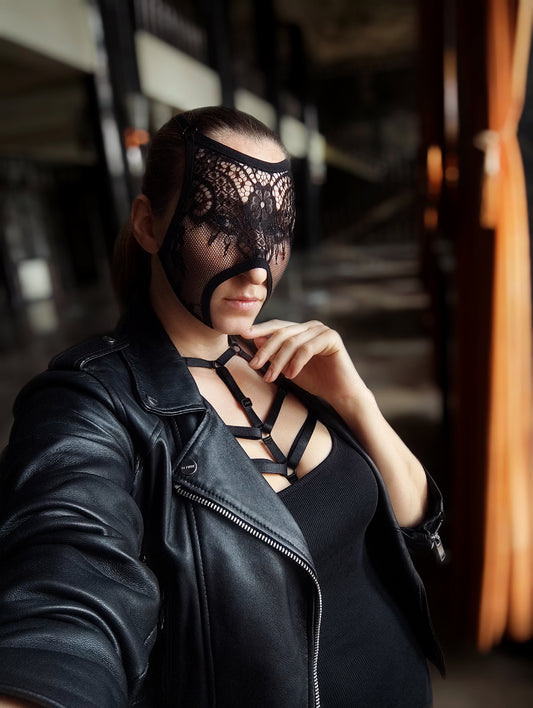 Woman lace mask for pole dance.Rave mask for party, festival and cosplay.Gothic harness mask for women.Guipure mask for carnival.