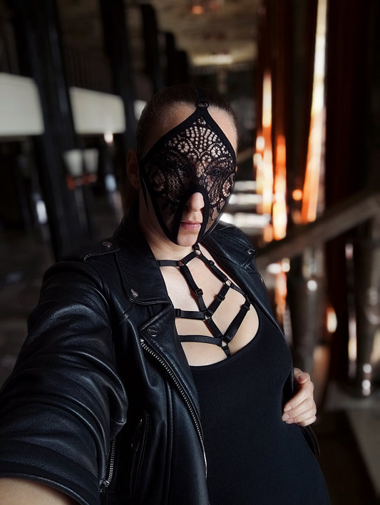 Woman lace mask for pole dance.Rave mask for party, festival and cosplay.Gothic harness mask for women.Guipure mask for carnival.