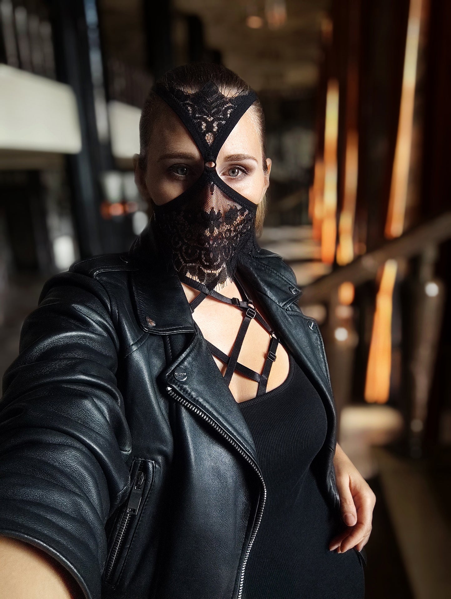 Woman lace mask for pole dance.Rave mask for party, festival and cosplay.Gothic harness mask for women.Guipure mask for carnival.