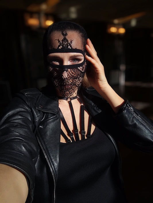 Woman lace mask for pole dance.Rave mask for party, festival and cosplay.Gothic harness mask for women.Guipure mask for carnival.