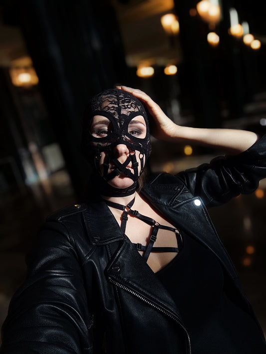 Woman lace mask for pole dance.Rave mask for party, festival and cosplay.Gothic harness mask for women.Guipure mask for carnival.Balaclava.