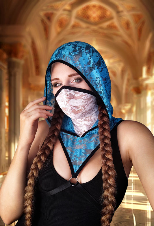 Woman lace hood mask for pole dance and twerk.Rave hood mask for party, festival and cosplay.Gothic harness hood mask.Guipure mask for carnival.