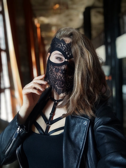 Woman lace mask for pole dance.Rave mask for party, festival and cosplay.Gothic harness mask for women.Guipure mask for carnival.