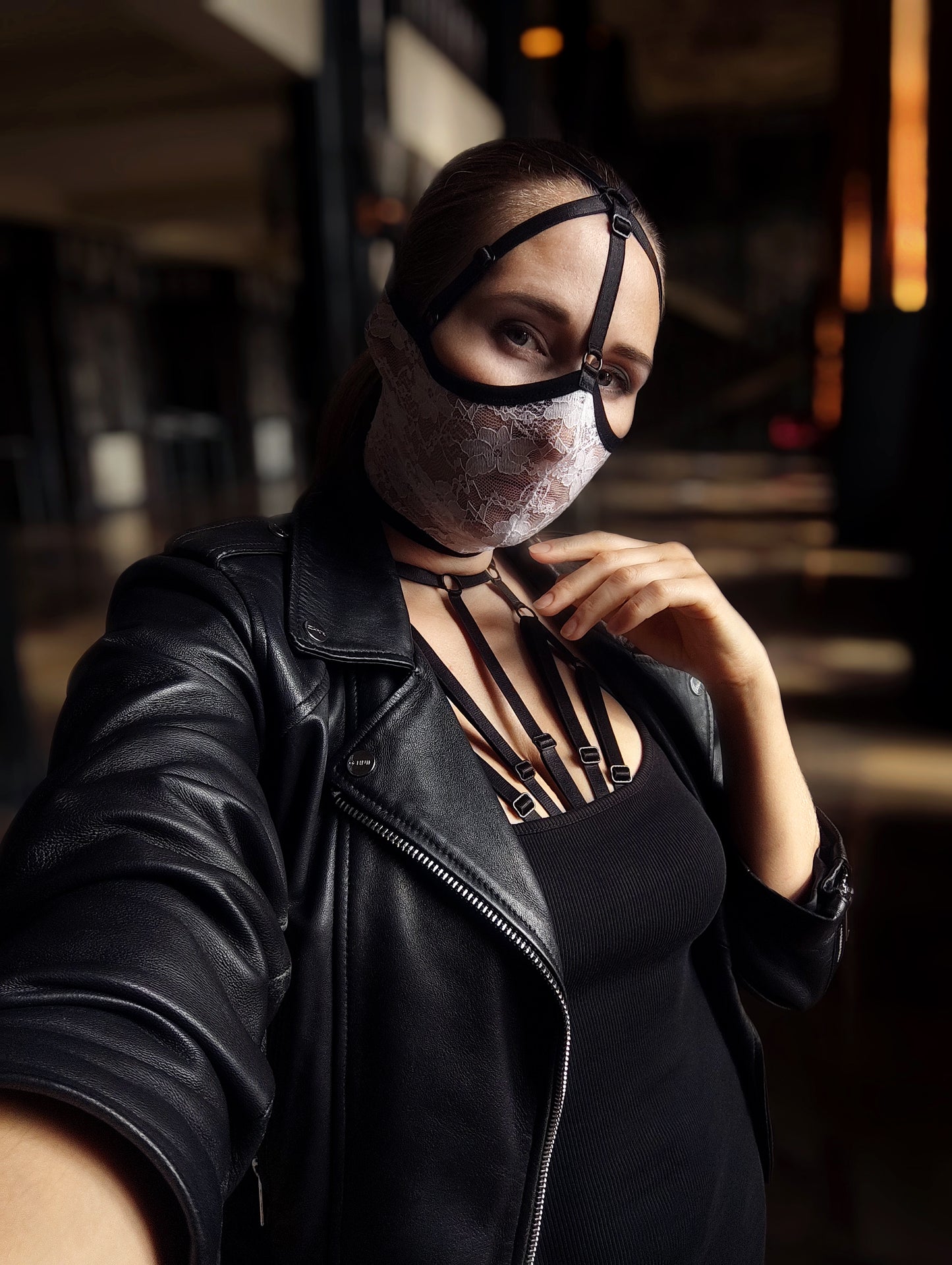 Woman lace mask for pole dance and twerk.Rave mask for party, festival and cosplay.Gothic harness mask for women.Guipure mask for carnival.