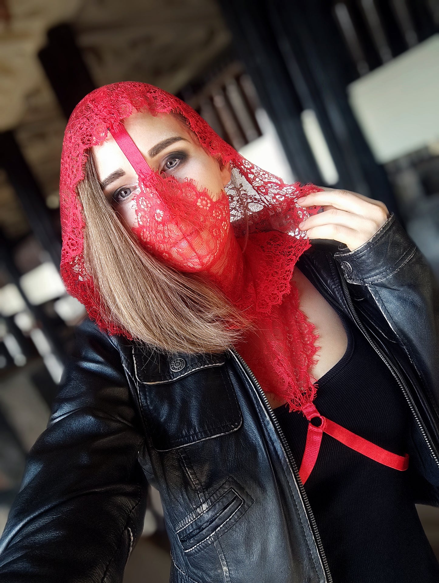 Woman lace hood mask for pole dance.Rave hood mask for party, festival and cosplay.Gothic harness hood mask for women.Guipure hood mask for carnival.