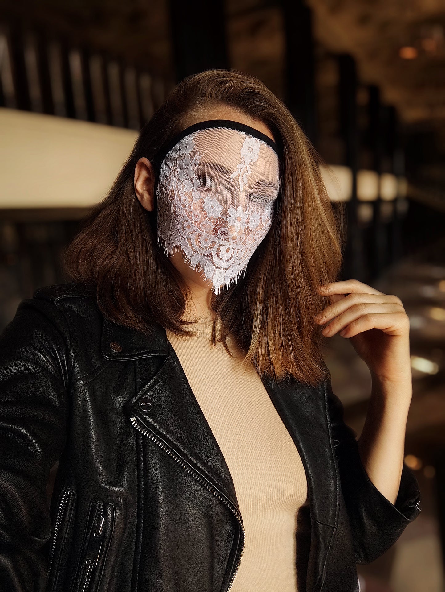 Woman lace mask for pole dance.Rave mask for party, festival and cosplay.Gothic harness mask for women.Guipure mask for carnival.