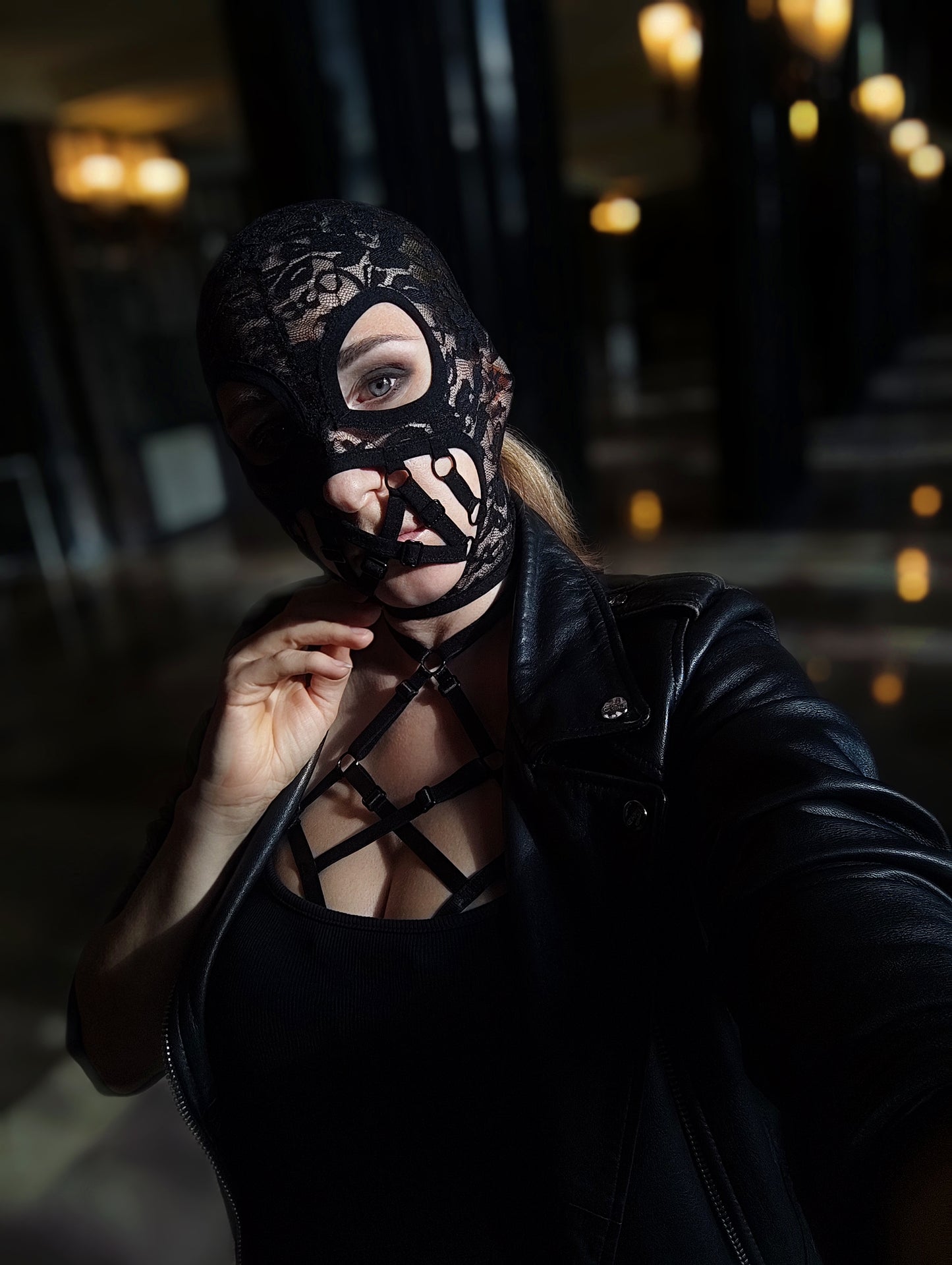 Woman lace mask for pole dance.Rave mask for party, festival and cosplay.Gothic harness mask for women.Guipure mask for carnival.Balaclava.