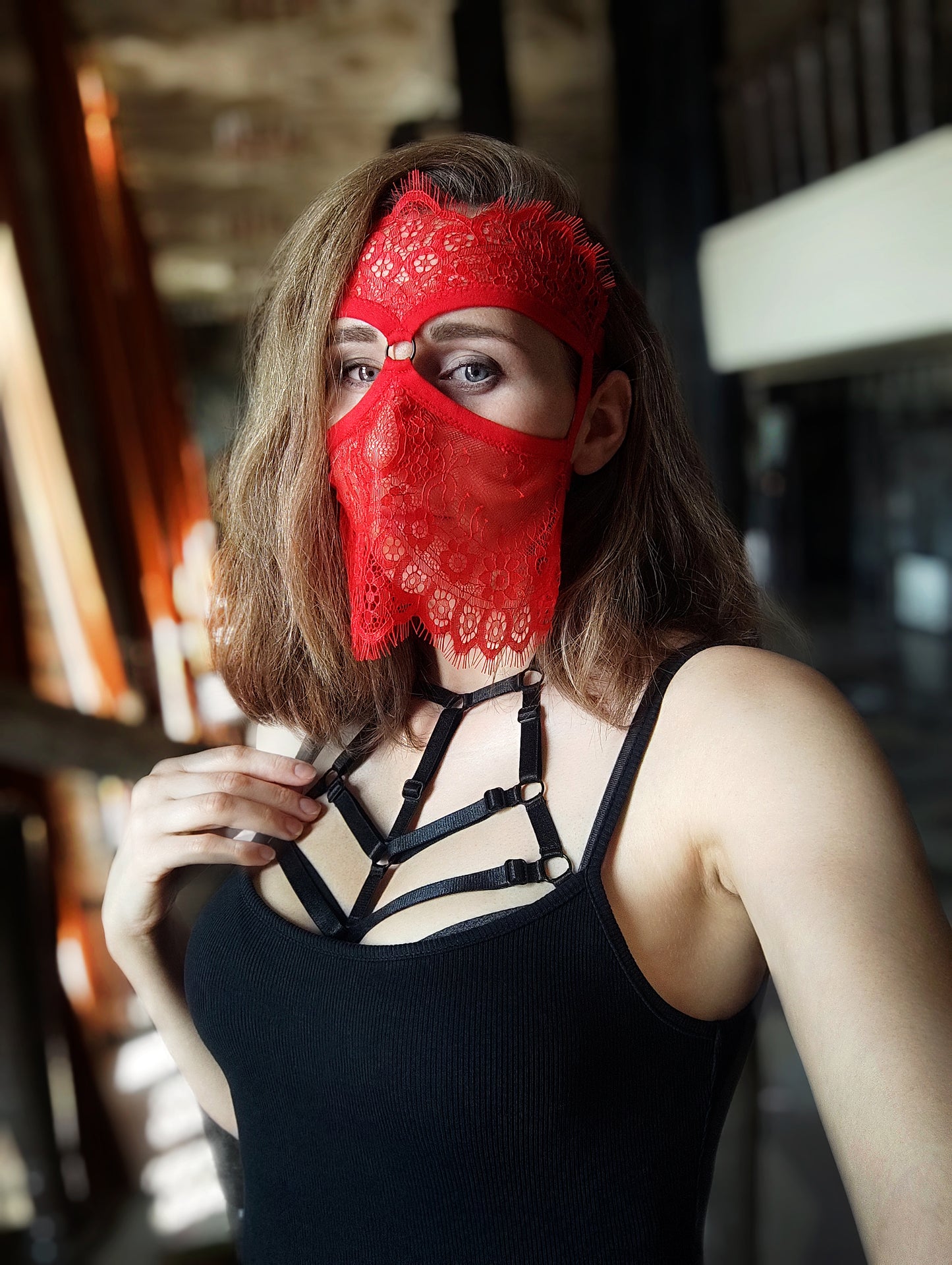 Woman lace mask for pole dance.Rave mask for party, festival and cosplay.Gothic harness mask for women.Guipure mask for carnival.