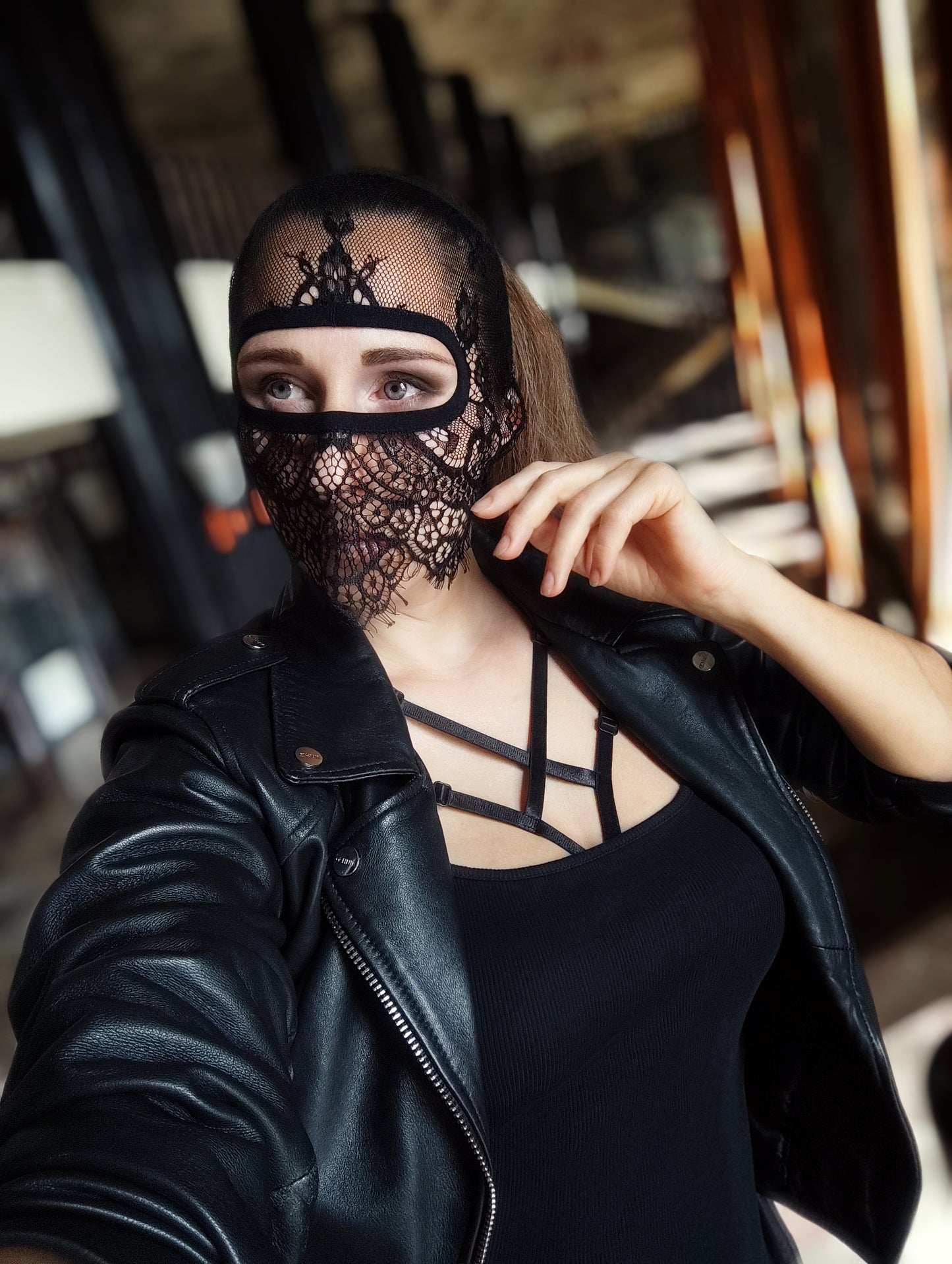 Woman lace mask for pole dance.Rave mask for party, festival and cosplay.Gothic harness mask for women.Guipure mask for carnival.