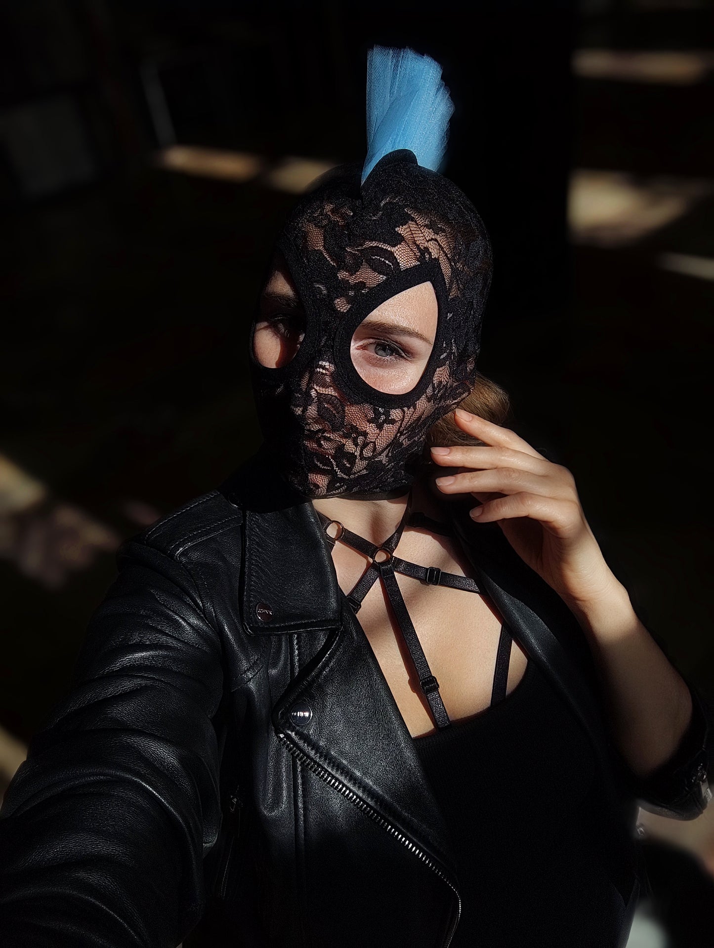 Woman lace mask for pole dance.Rave mask for party, festival and cosplay.Gothic harness mask for women.Guipure mask for carnival.Balaclava.