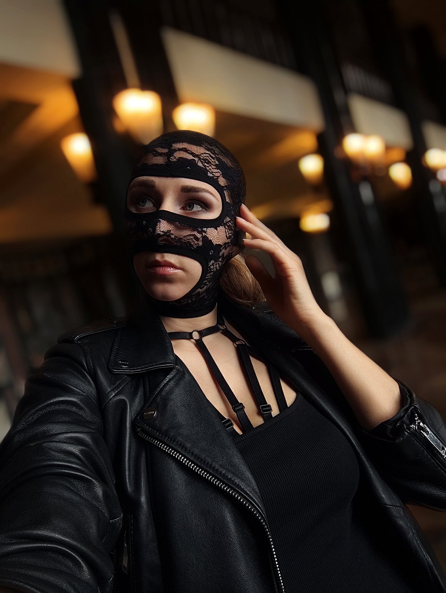 Woman lace mask for pole dance.Rave mask for party, festival and cosplay.Gothic harness mask for women.Guipure mask for carnival.Balaclava.