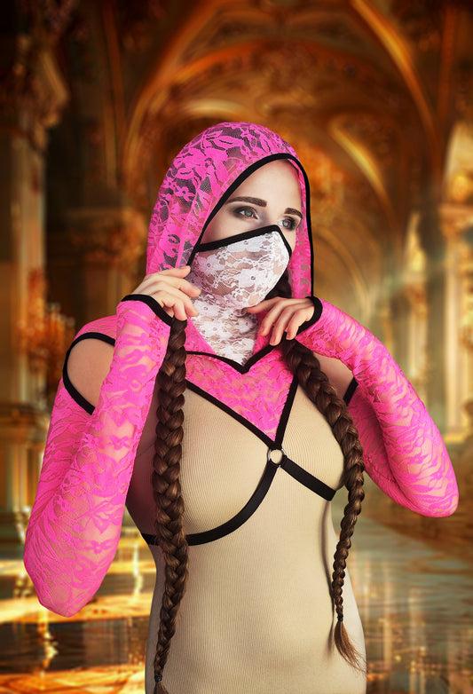 Woman lace hood mask for pole dance and twerk.Rave hood mask for party, festival and cosplay.Gothic harness hood mask.Guipure mask for carnival.