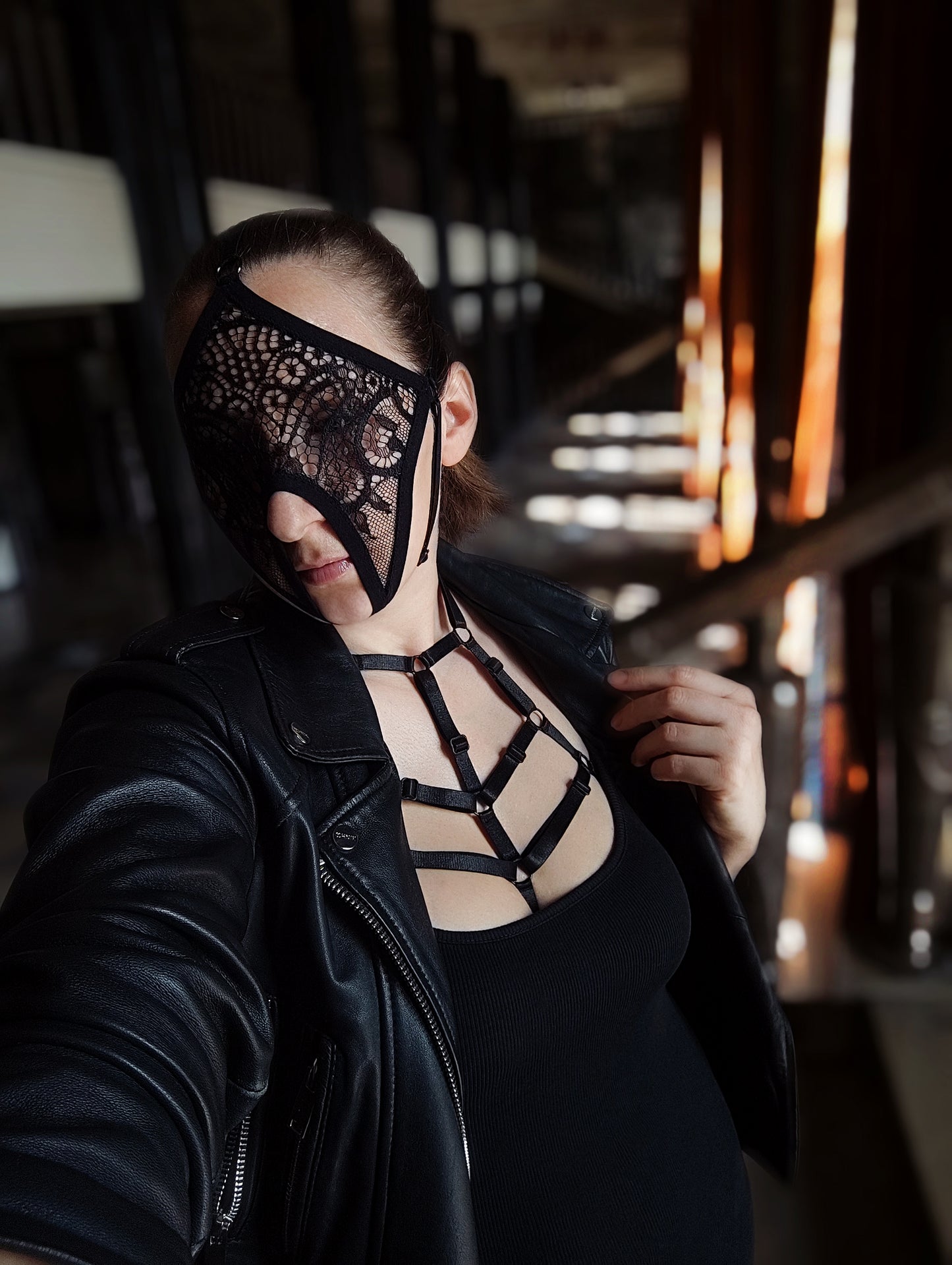 Woman lace mask for pole dance.Rave mask for party, festival and cosplay.Gothic harness mask for women.Guipure mask for carnival.