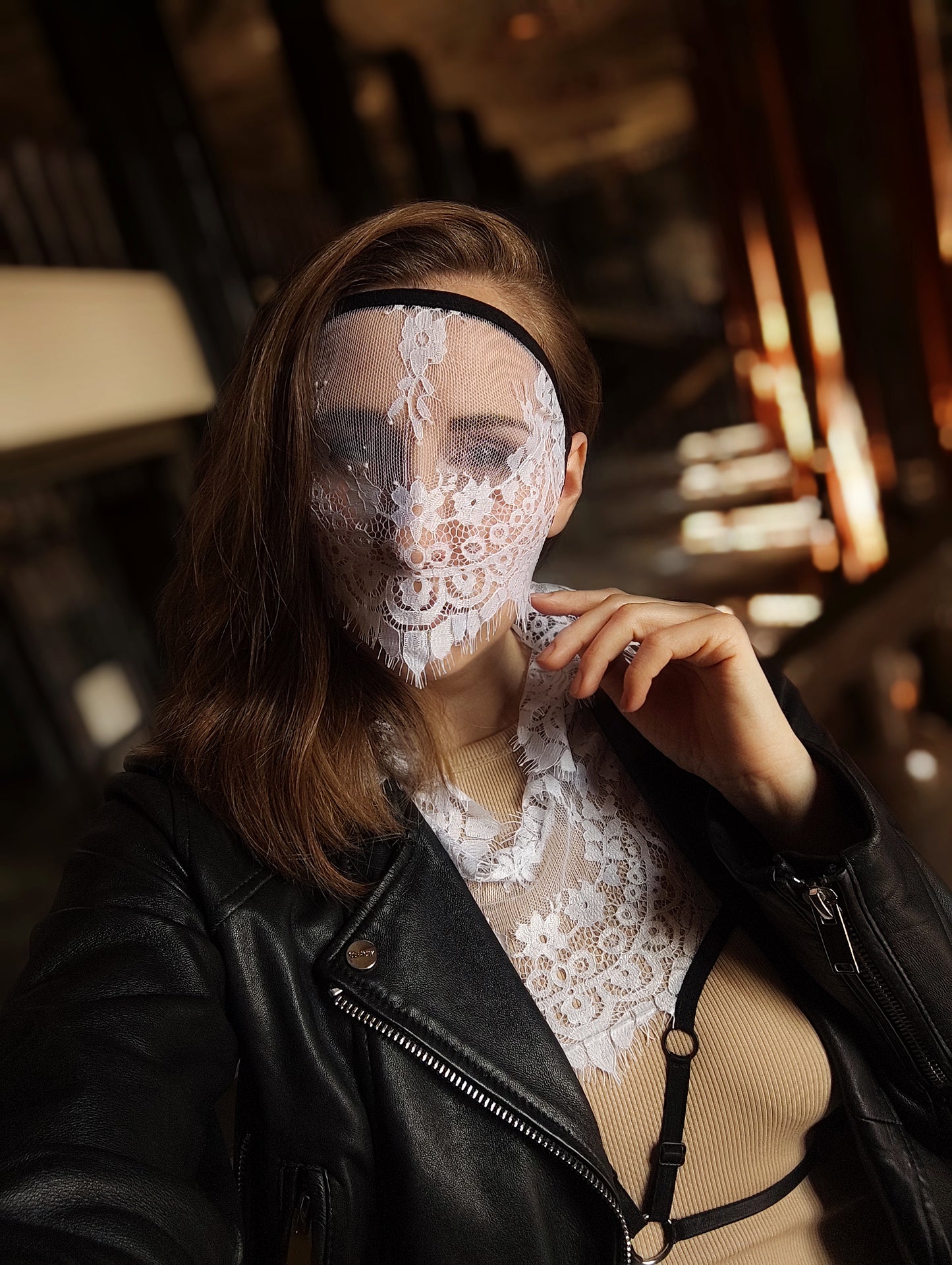 Woman lace mask for pole dance.Rave mask for party, festival and cosplay.Gothic harness mask for women.Guipure mask for carnival.