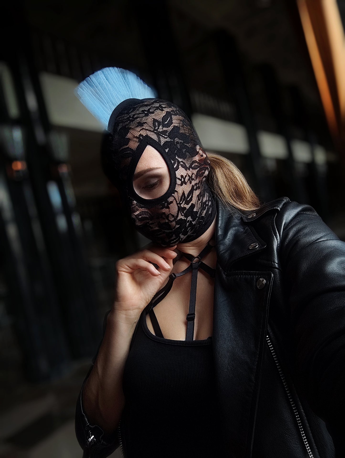 Woman lace mask for pole dance.Rave mask for party, festival and cosplay.Gothic harness mask for women.Guipure mask for carnival.Balaclava.