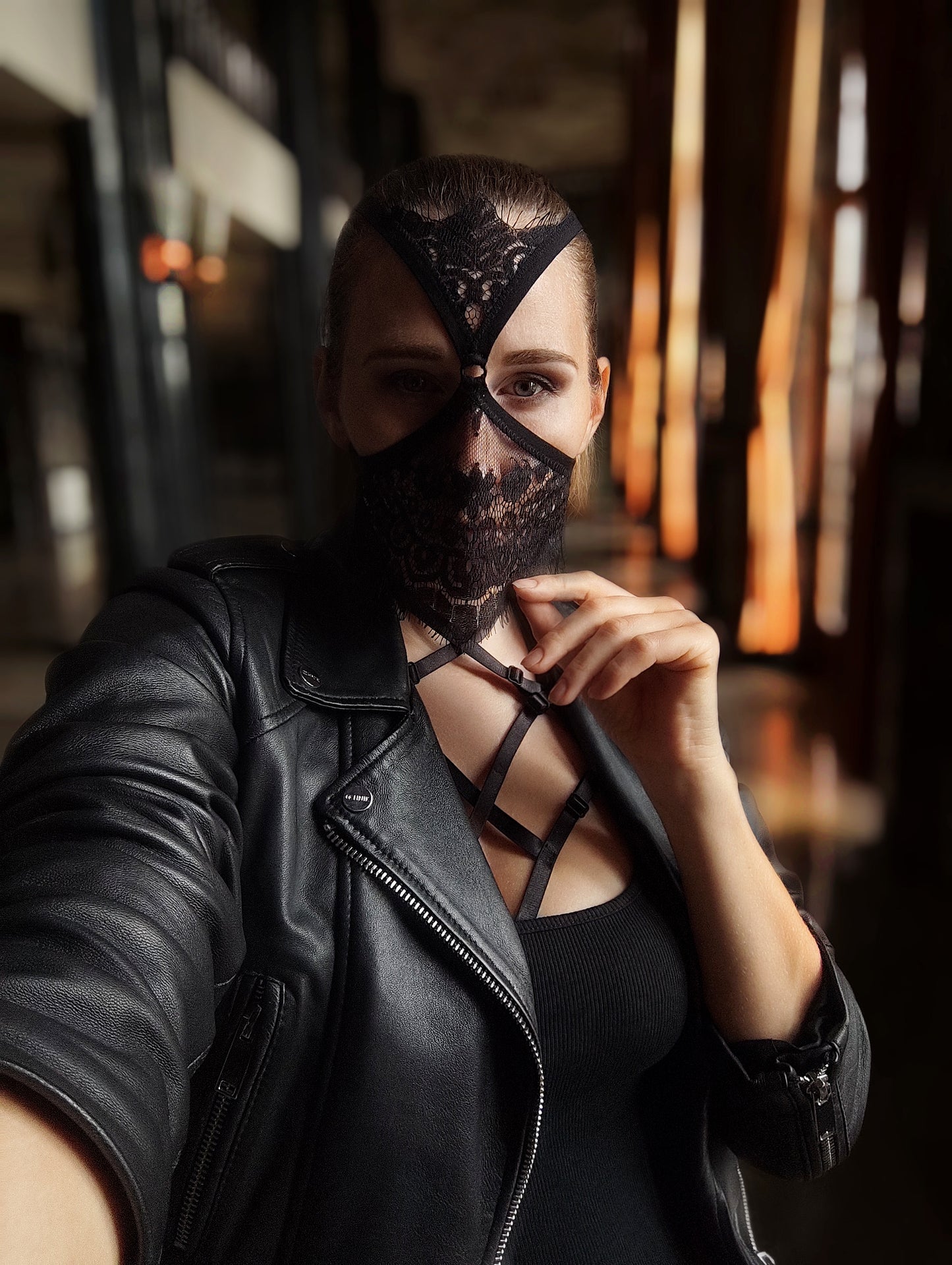 Woman lace mask for pole dance.Rave mask for party, festival and cosplay.Gothic harness mask for women.Guipure mask for carnival.