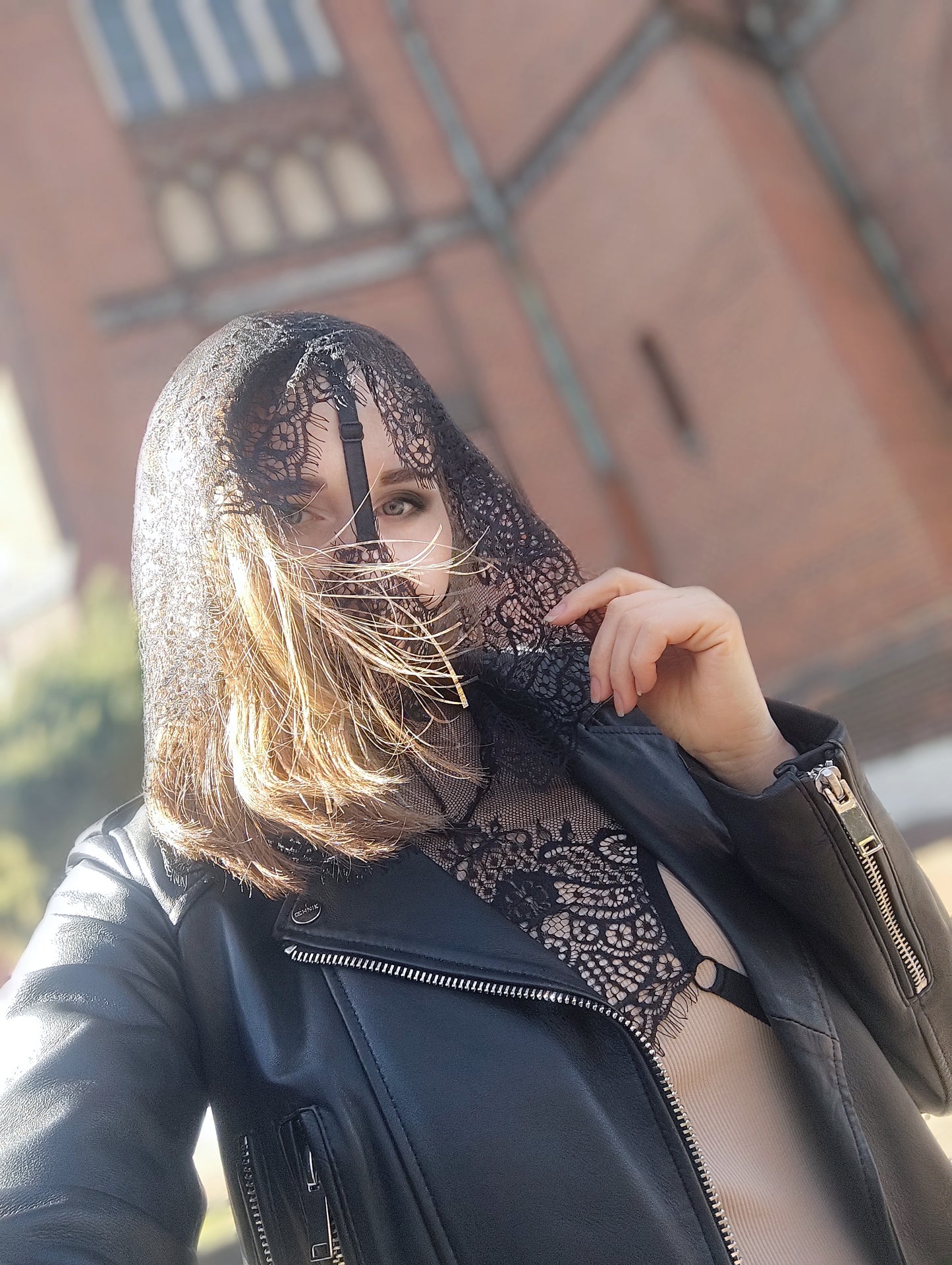 Woman lace hood mask for pole dance and twerk.Rave hood mask for party, festival  and cosplay.Gothic harness hood mask.Guipure mask for carnival.