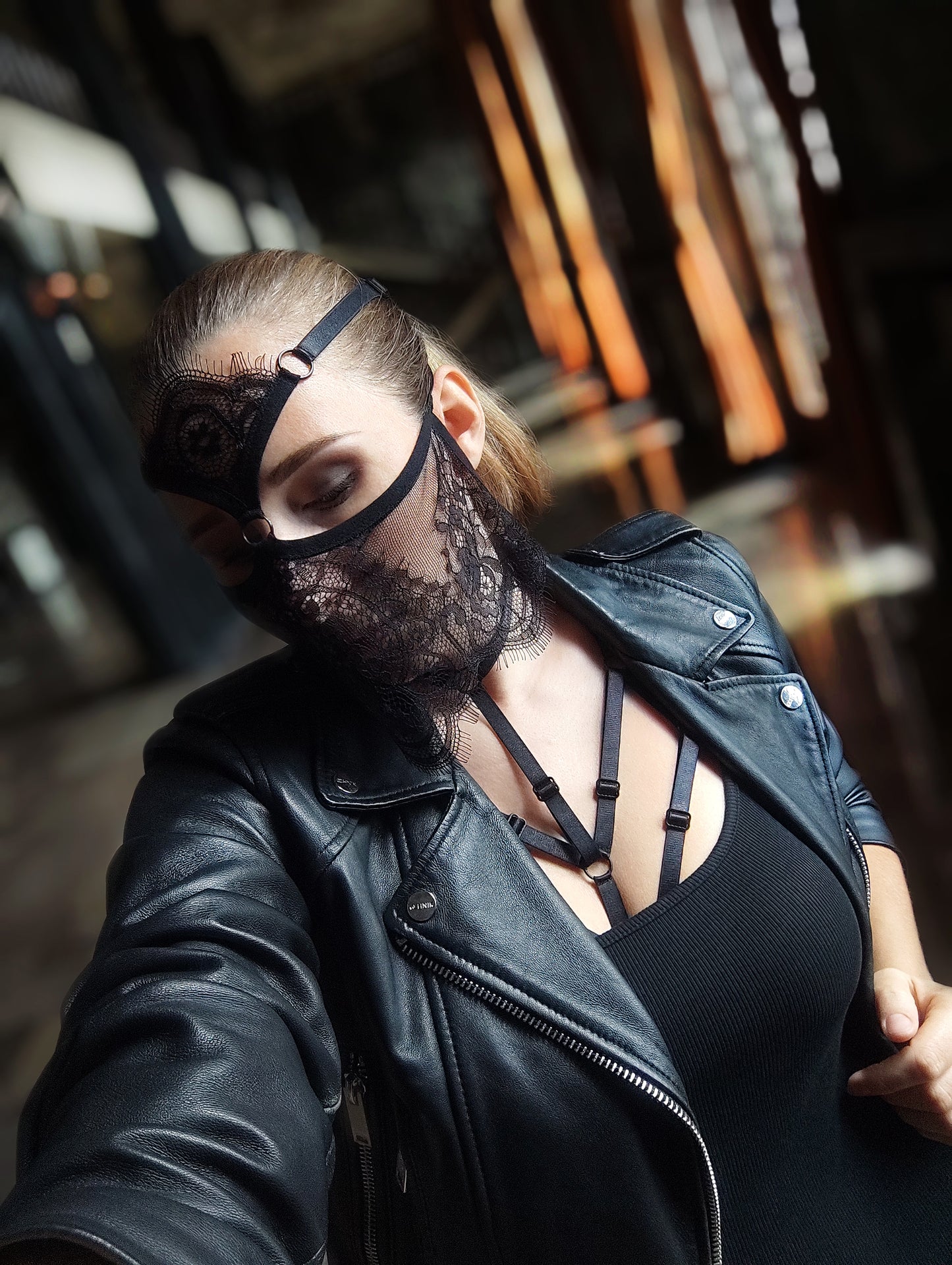 Woman lace mask for pole dance.Rave mask for party, festival and cosplay.Gothic harness mask for women.Guipure mask for carnival.