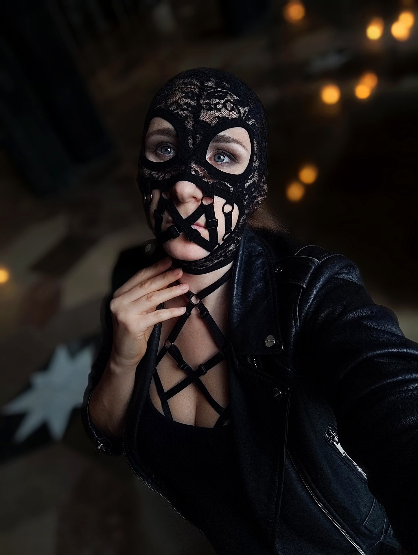 Woman lace mask for pole dance.Rave mask for party, festival and cosplay.Gothic harness mask for women.Guipure mask for carnival.Balaclava.
