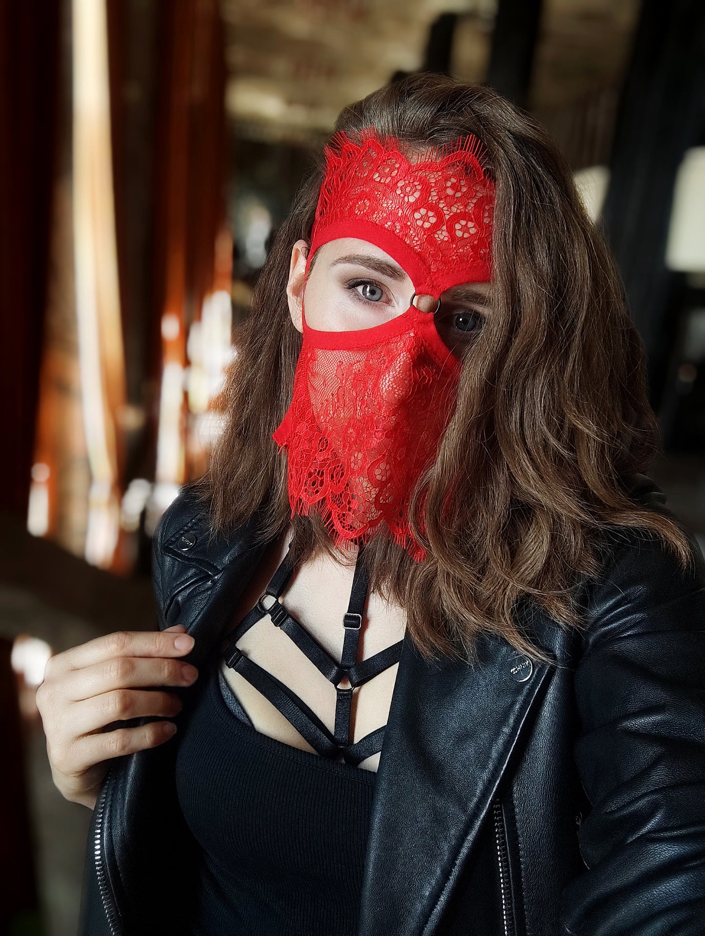 Woman lace mask for pole dance.Rave mask for party, festival and cosplay.Gothic harness mask for women.Guipure mask for carnival.