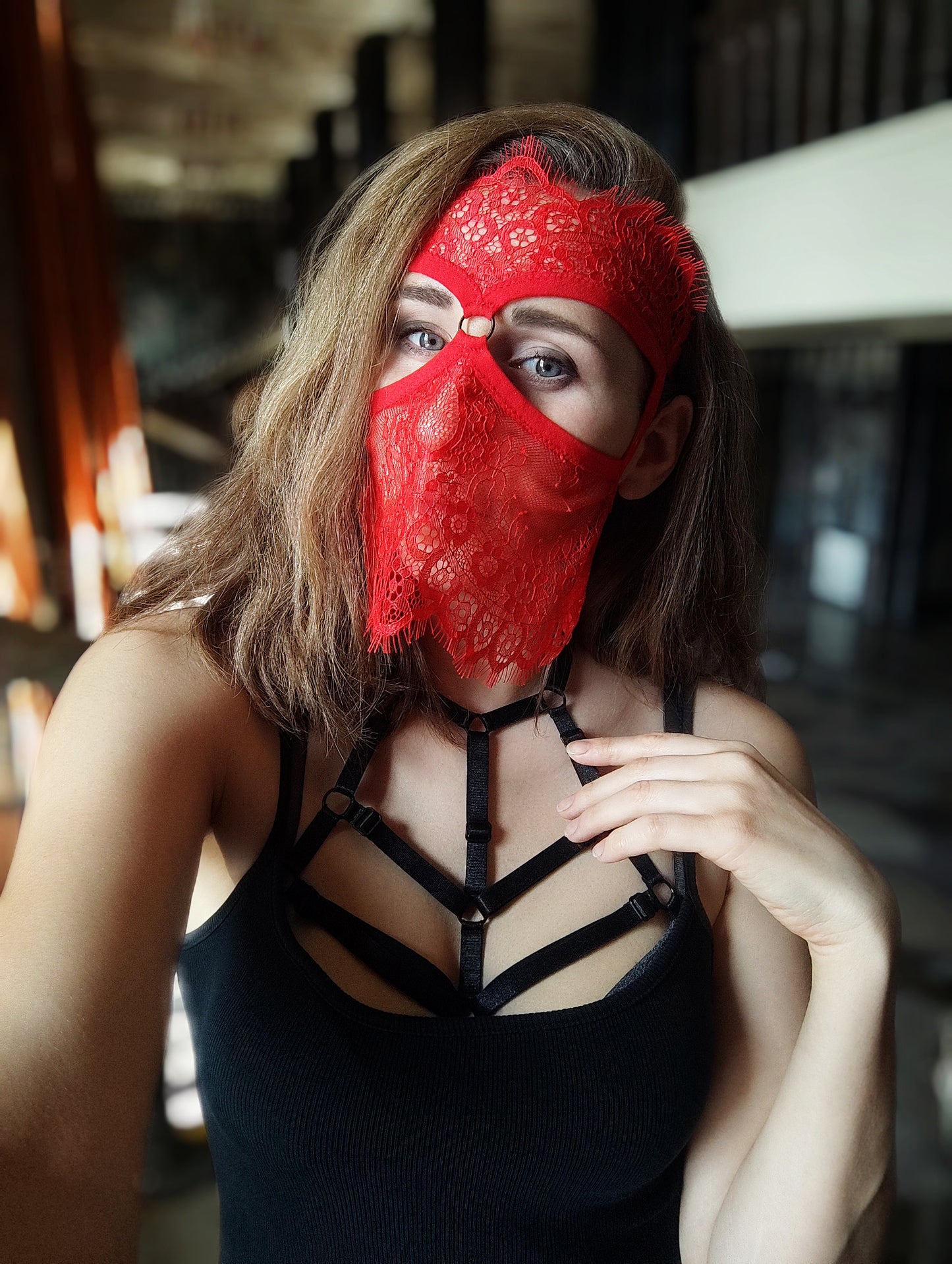 Woman lace mask for pole dance.Rave mask for party, festival and cosplay.Gothic harness mask for women.Guipure mask for carnival.