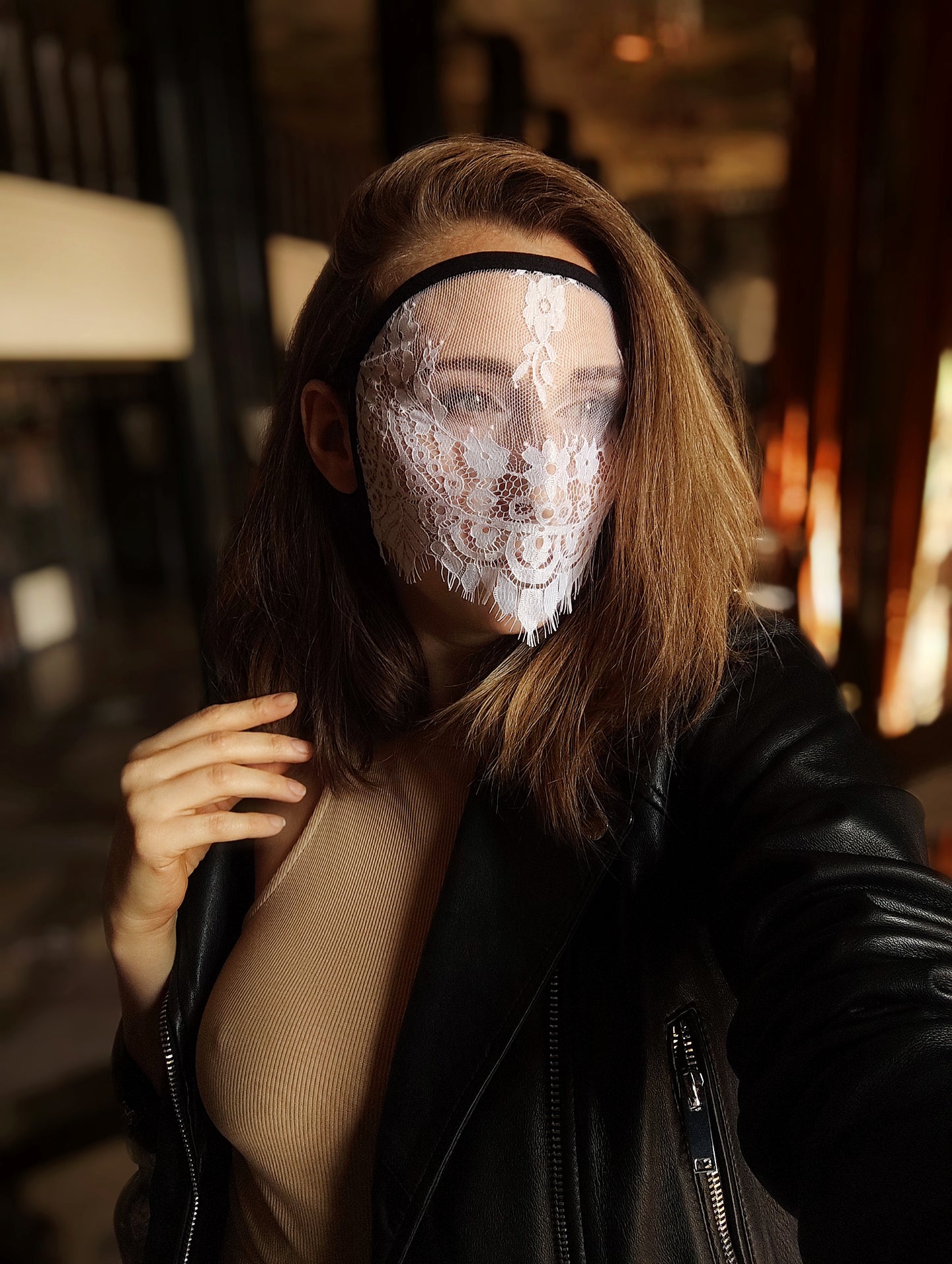 Woman lace mask for pole dance.Rave mask for party, festival and cosplay.Gothic harness mask for women.Guipure mask for carnival.