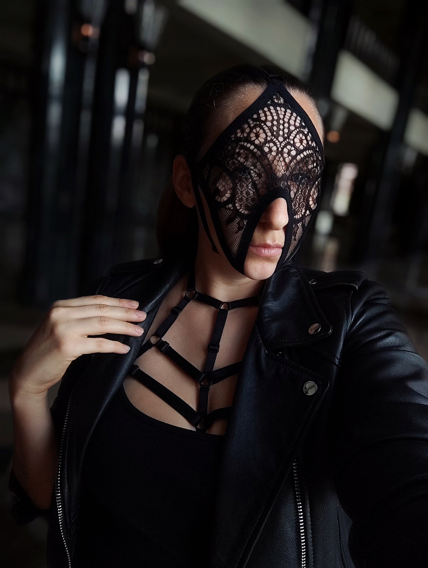 Woman lace mask for pole dance.Rave mask for party, festival and cosplay.Gothic harness mask for women.Guipure mask for carnival.
