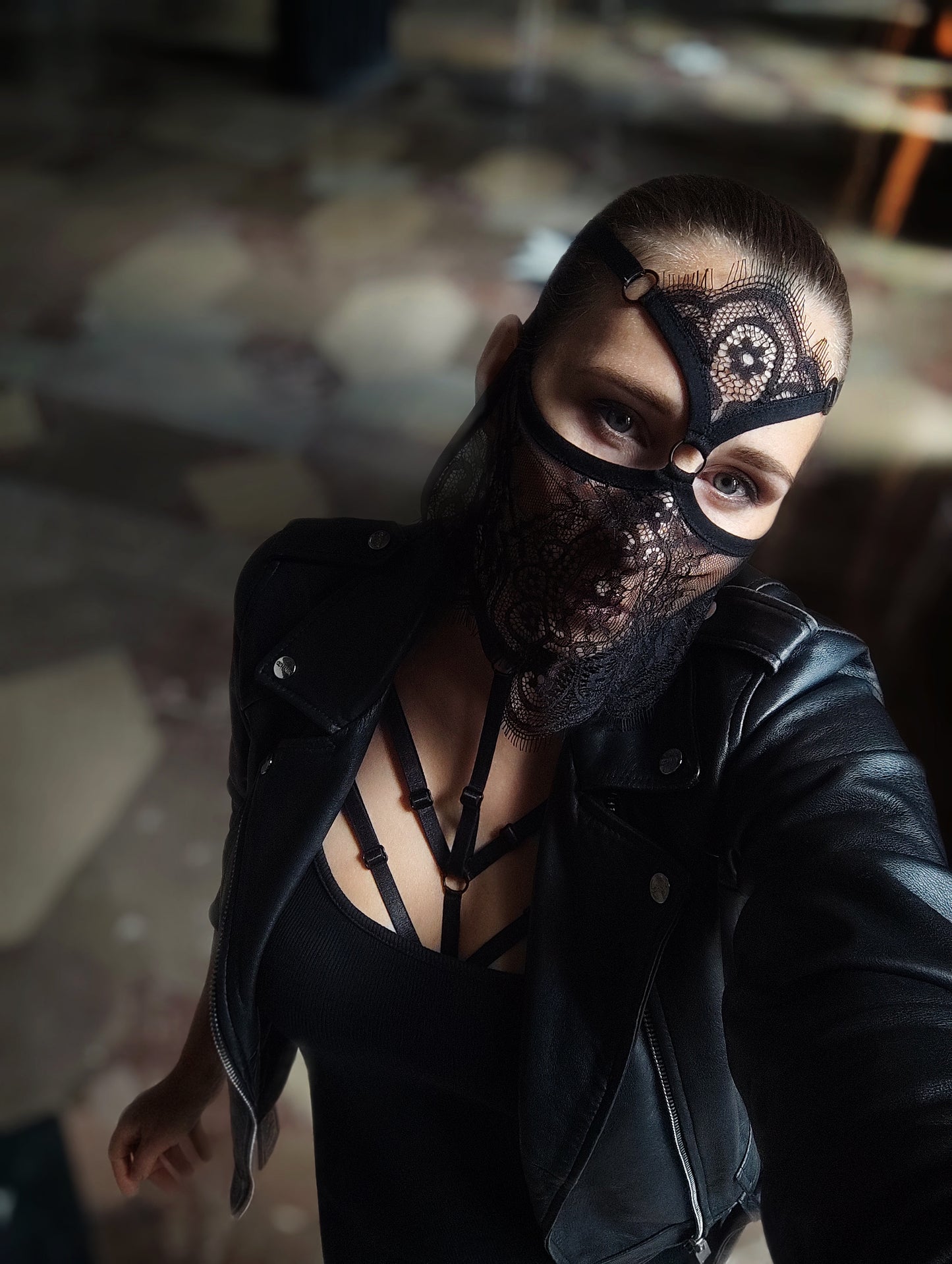 Woman lace mask for pole dance.Rave mask for party, festival and cosplay.Gothic harness mask for women.Guipure mask for carnival.