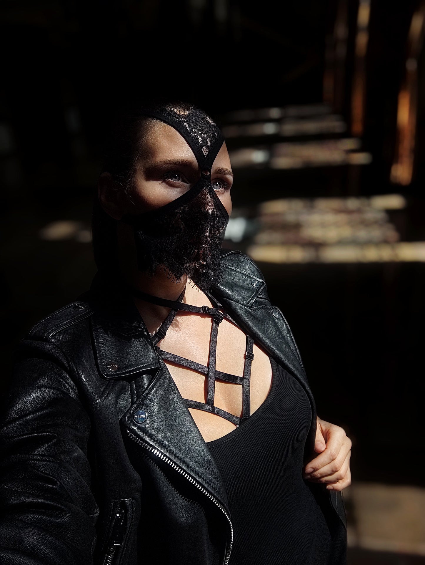 Woman lace mask for pole dance.Rave mask for party, festival and cosplay.Gothic harness mask for women.Guipure mask for carnival.