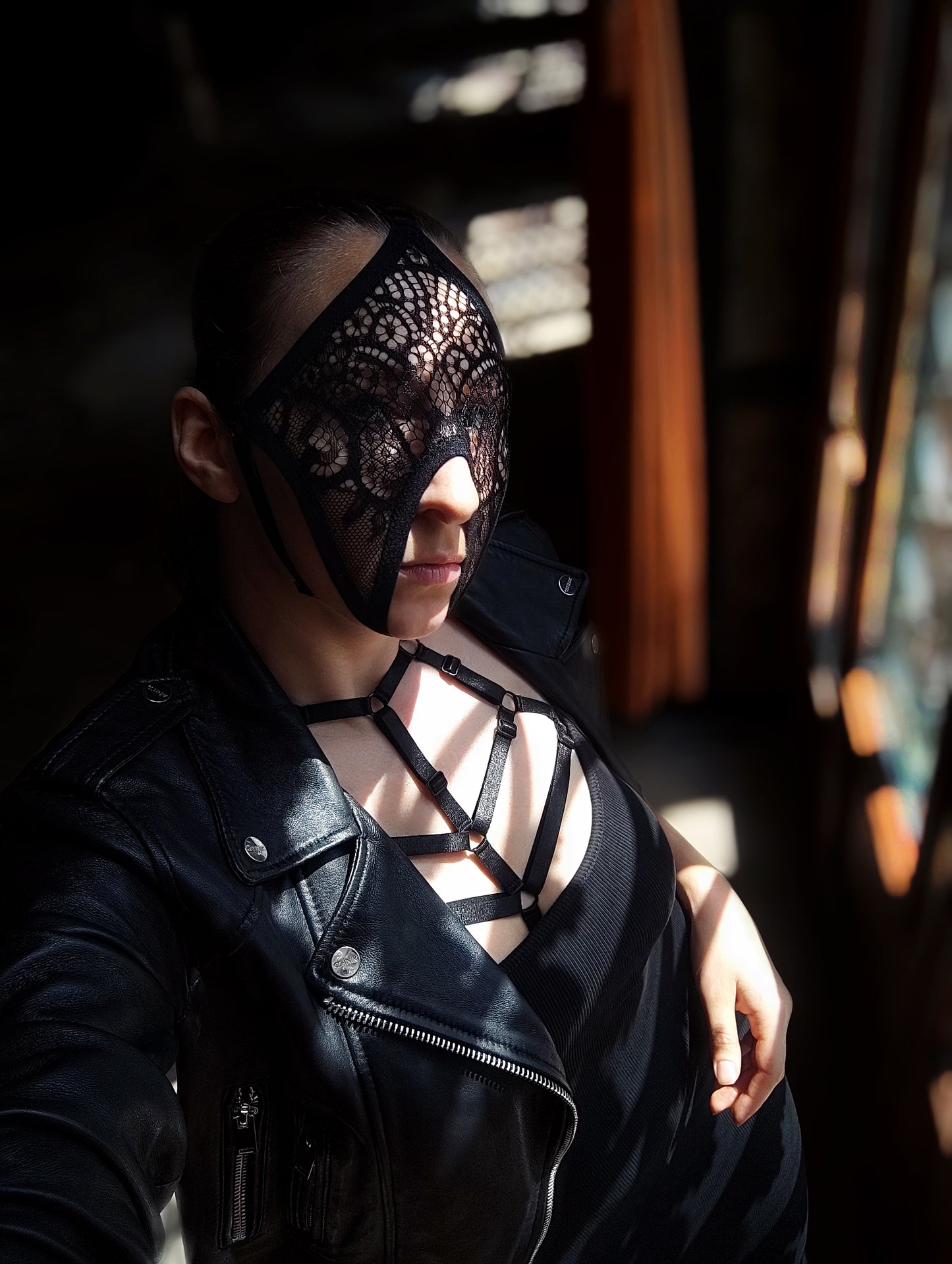 Woman lace mask for pole dance.Rave mask for party, festival and cosplay.Gothic harness mask for women.Guipure mask for carnival.