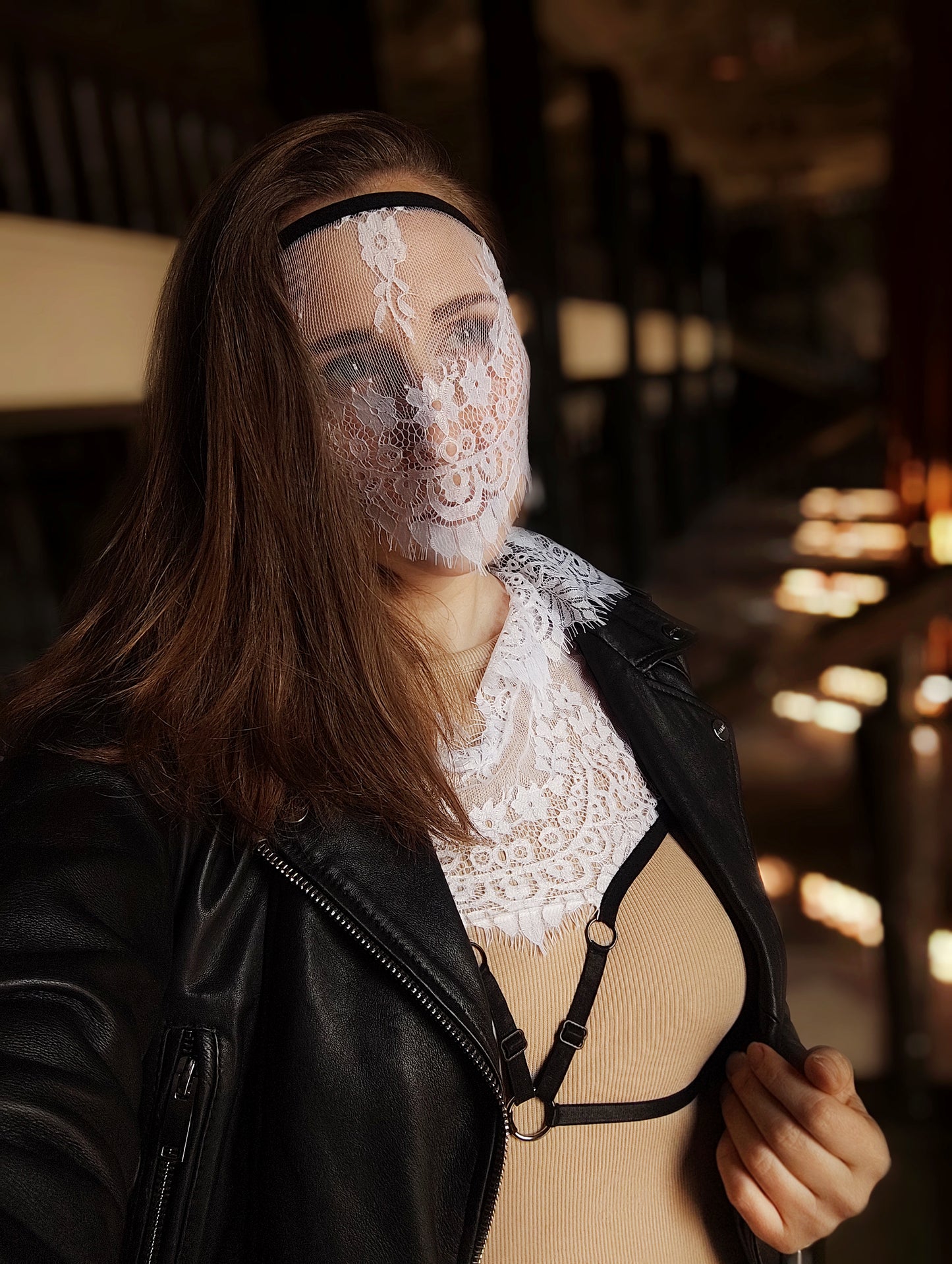 Woman lace mask for pole dance.Rave mask for party, festival and cosplay.Gothic harness mask for women.Guipure mask for carnival.