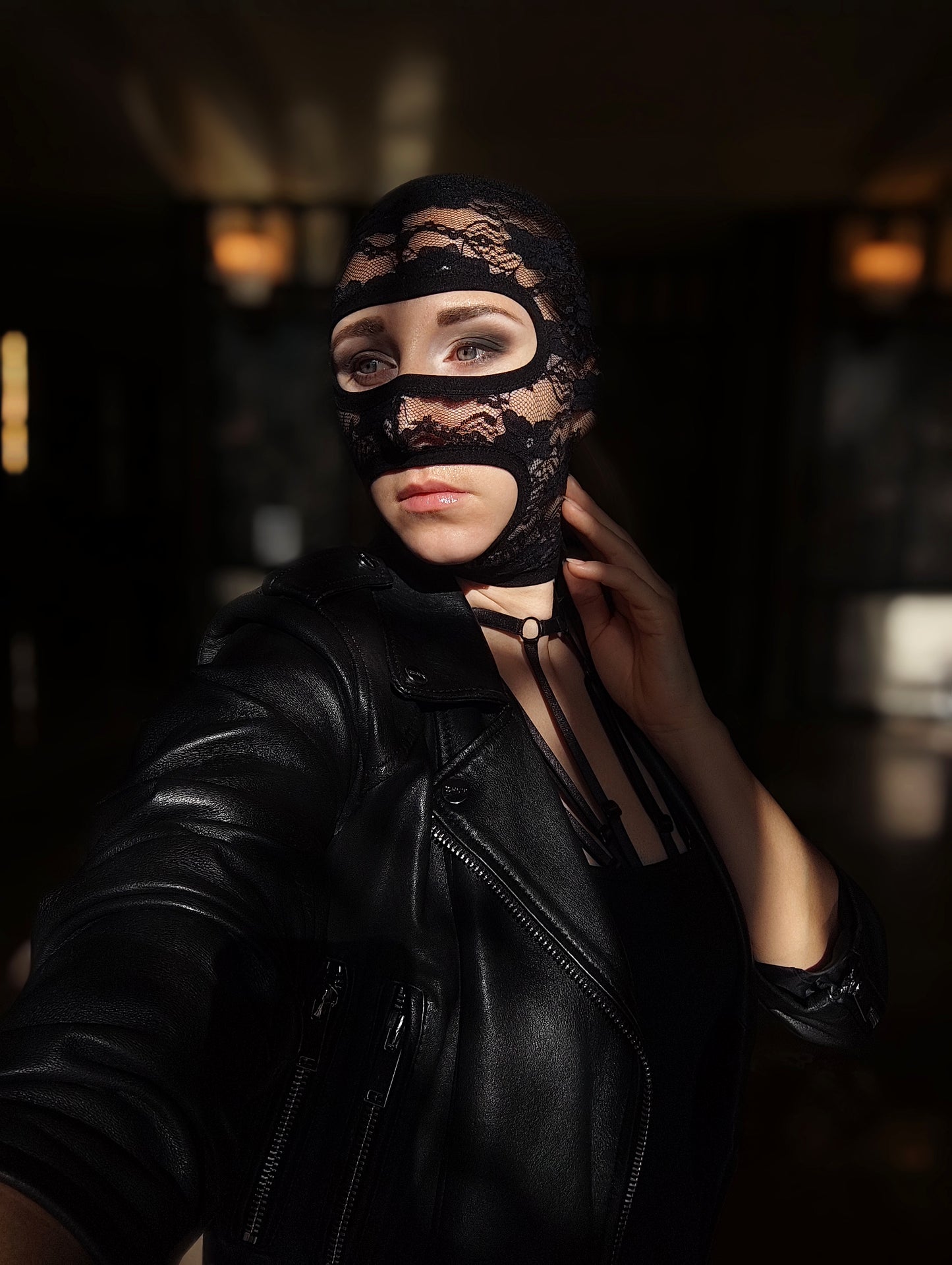Woman lace mask for pole dance.Rave mask for party, festival and cosplay.Gothic harness mask for women.Guipure mask for carnival.Balaclava.