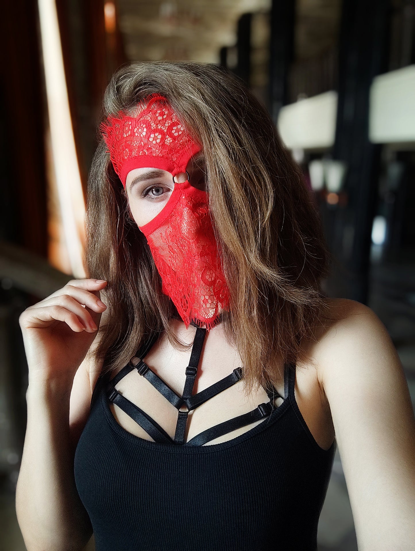 Woman lace mask for pole dance.Rave mask for party, festival and cosplay.Gothic harness mask for women.Guipure mask for carnival.