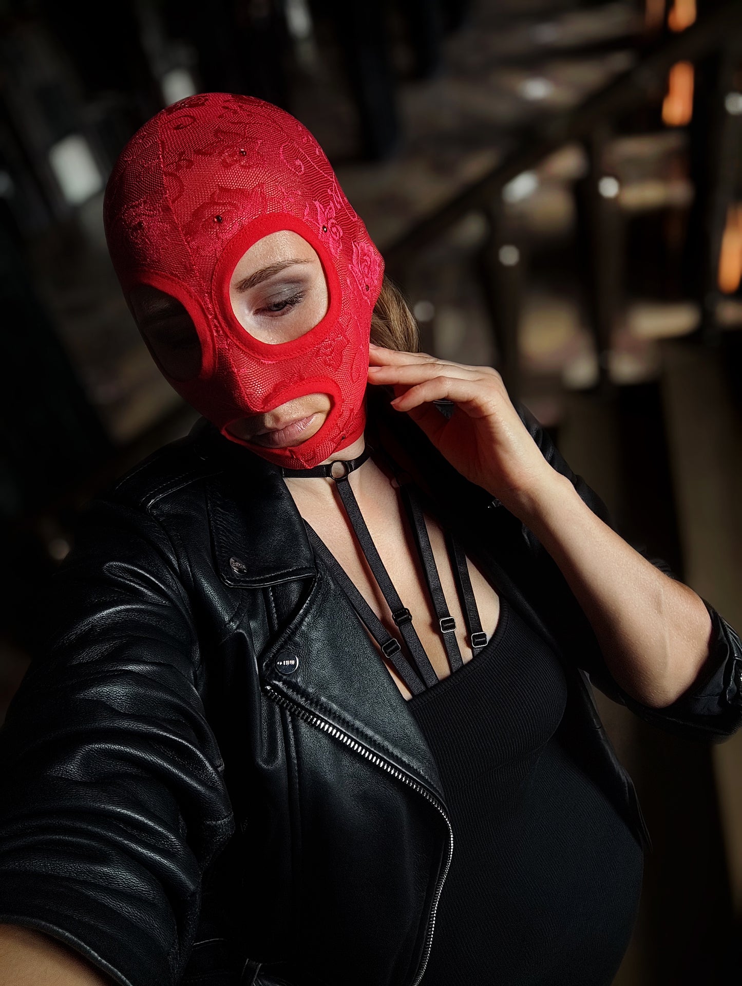 Woman lace mask for pole dance.Rave mask for party, festival and cosplay.Gothic harness mask for women.Guipure mask for carnival.Balaclava.