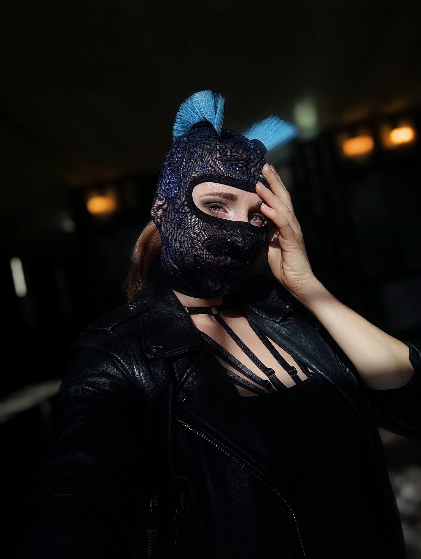 Woman lace mask for pole dance.Rave mask for party, festival and cosplay.Gothic harness mask for women.Guipure mask for carnival.Balaclava.