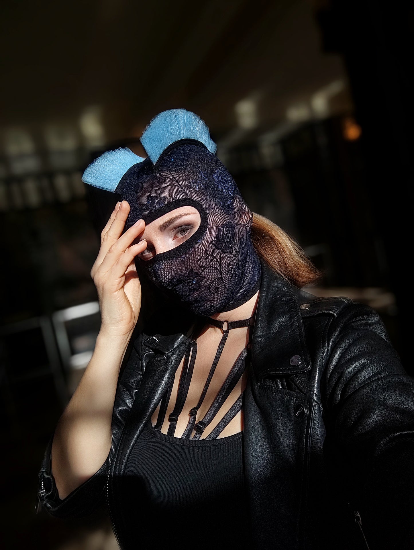 Woman lace mask for pole dance.Rave mask for party, festival and cosplay.Gothic harness mask for women.Guipure mask for carnival.Balaclava.