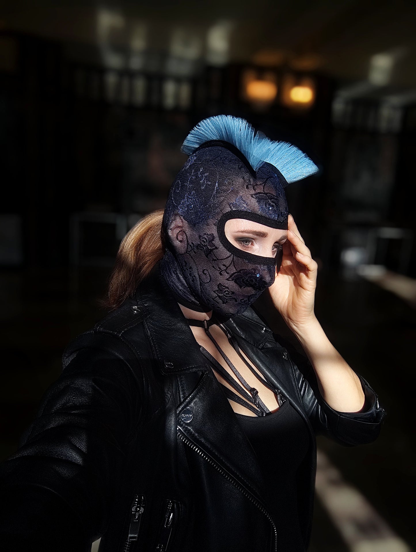 Woman lace mask for pole dance.Rave mask for party, festival and cosplay.Gothic harness mask for women.Guipure mask for carnival.Balaclava.