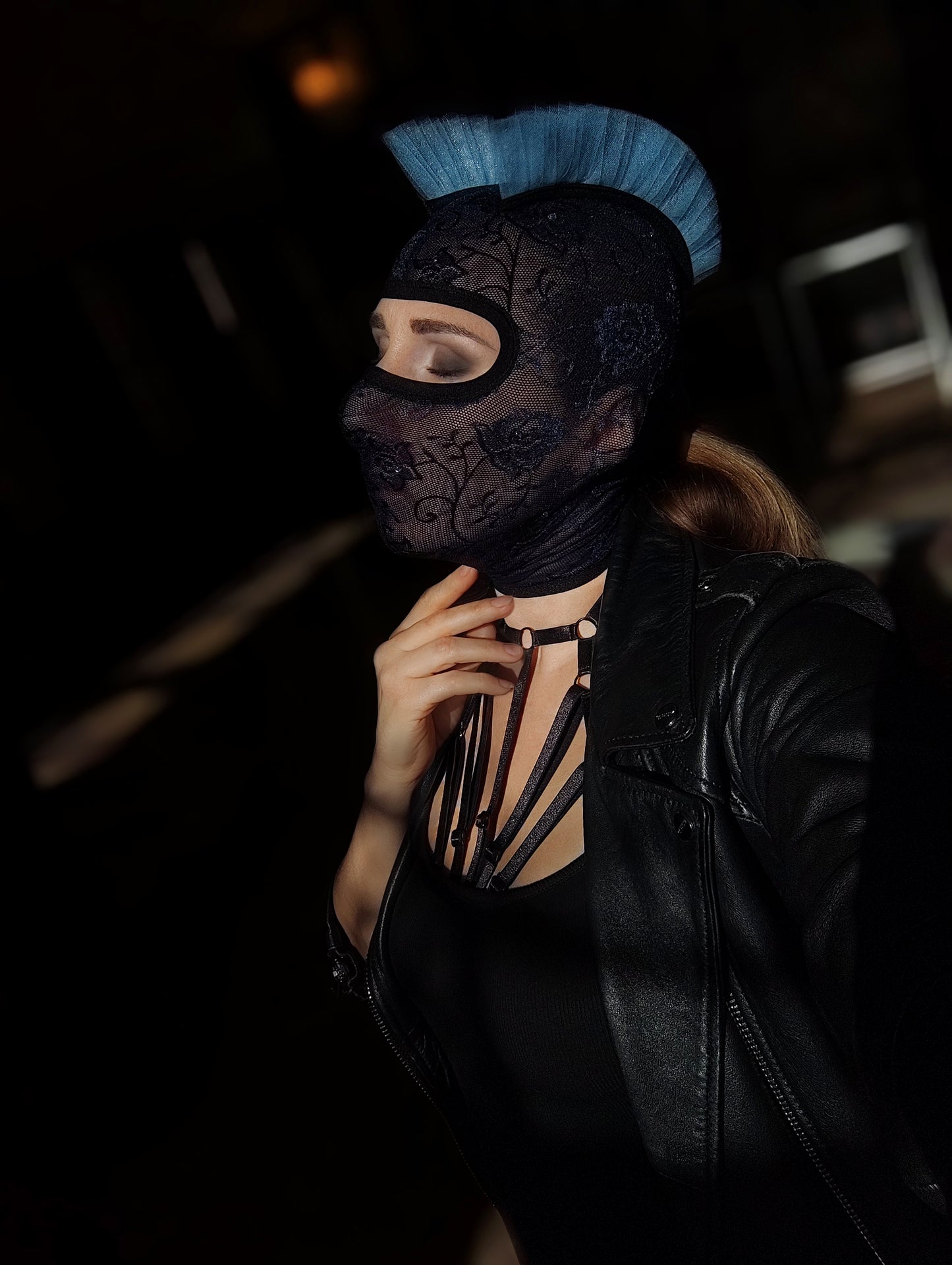Woman lace mask for pole dance.Rave mask for party, festival and cosplay.Gothic harness mask for women.Guipure mask for carnival.Balaclava.
