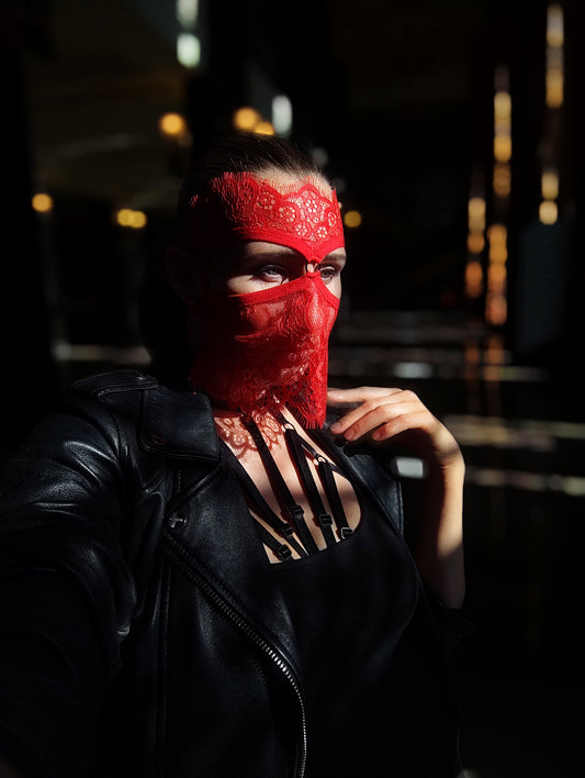 Woman lace mask for pole dance.Rave mask for party, festival and cosplay.Gothic harness mask for women.Guipure mask for carnival.